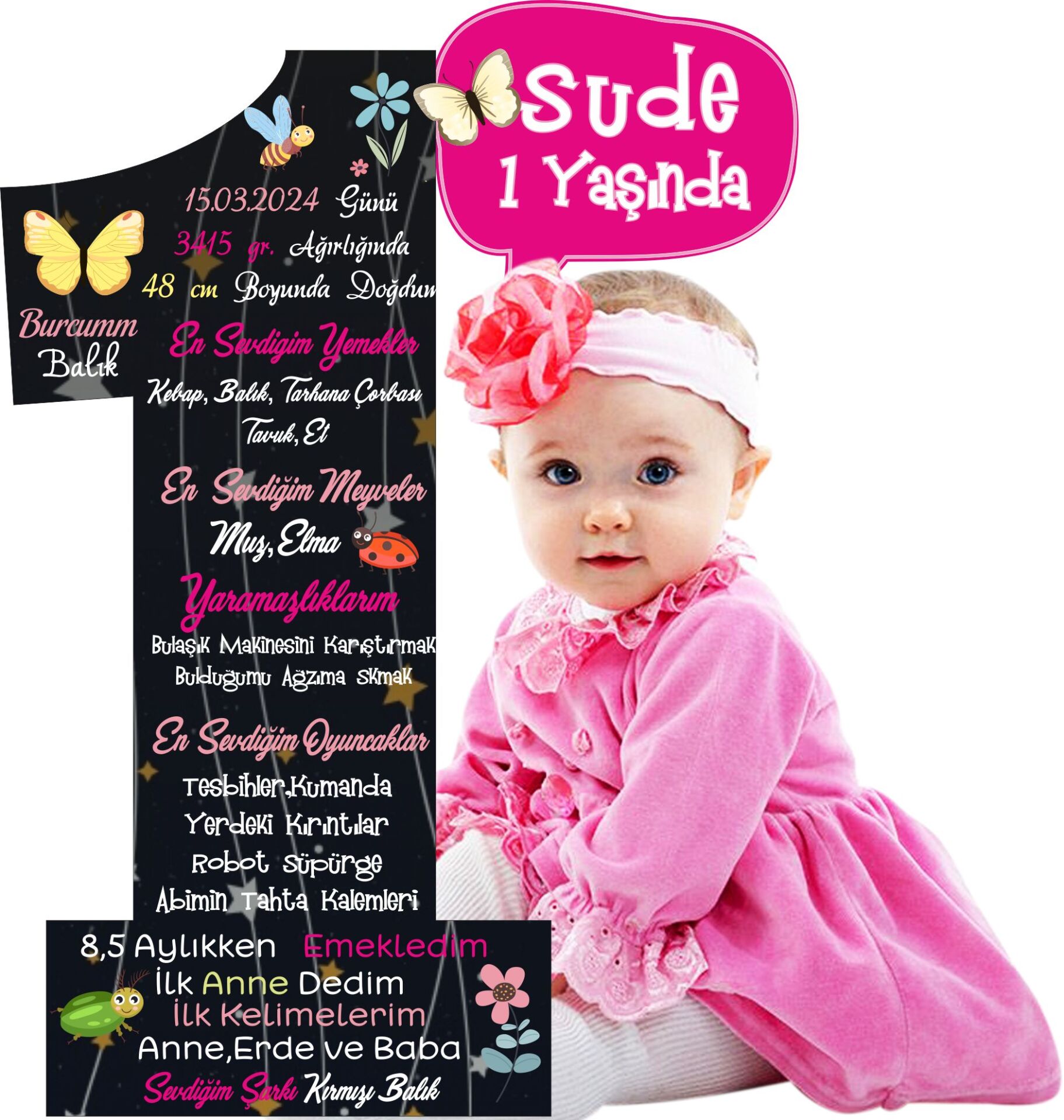 1 Yaş Kelebek Böcek Konseptli Siyah Pano 50 cm