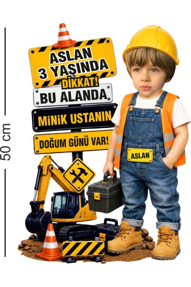 Kişiye Özel İnşaat Teması Doğum Günü Ayaklı Pano-50 cm